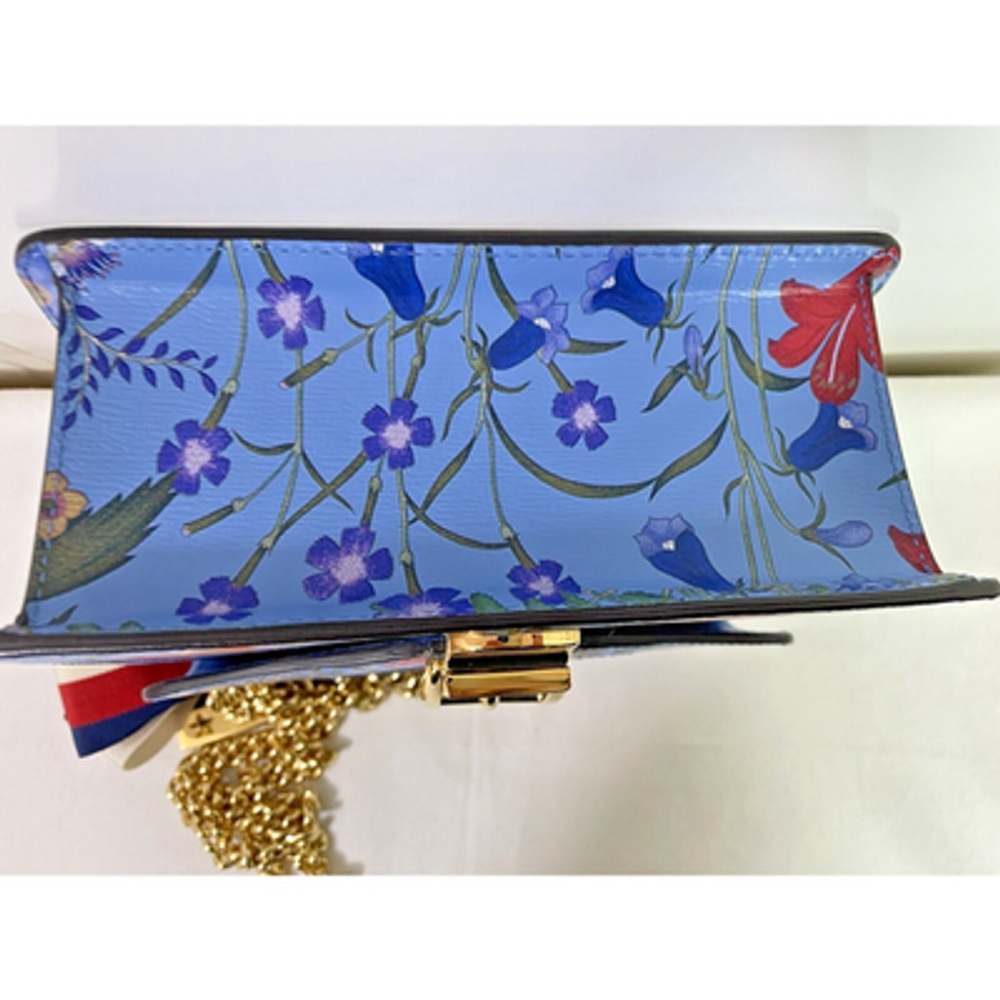 Gucci Sylvie Azure Blue Flora Chain Strap Leather Shoulder Bag #431666 L/N - Picture 8 of 14